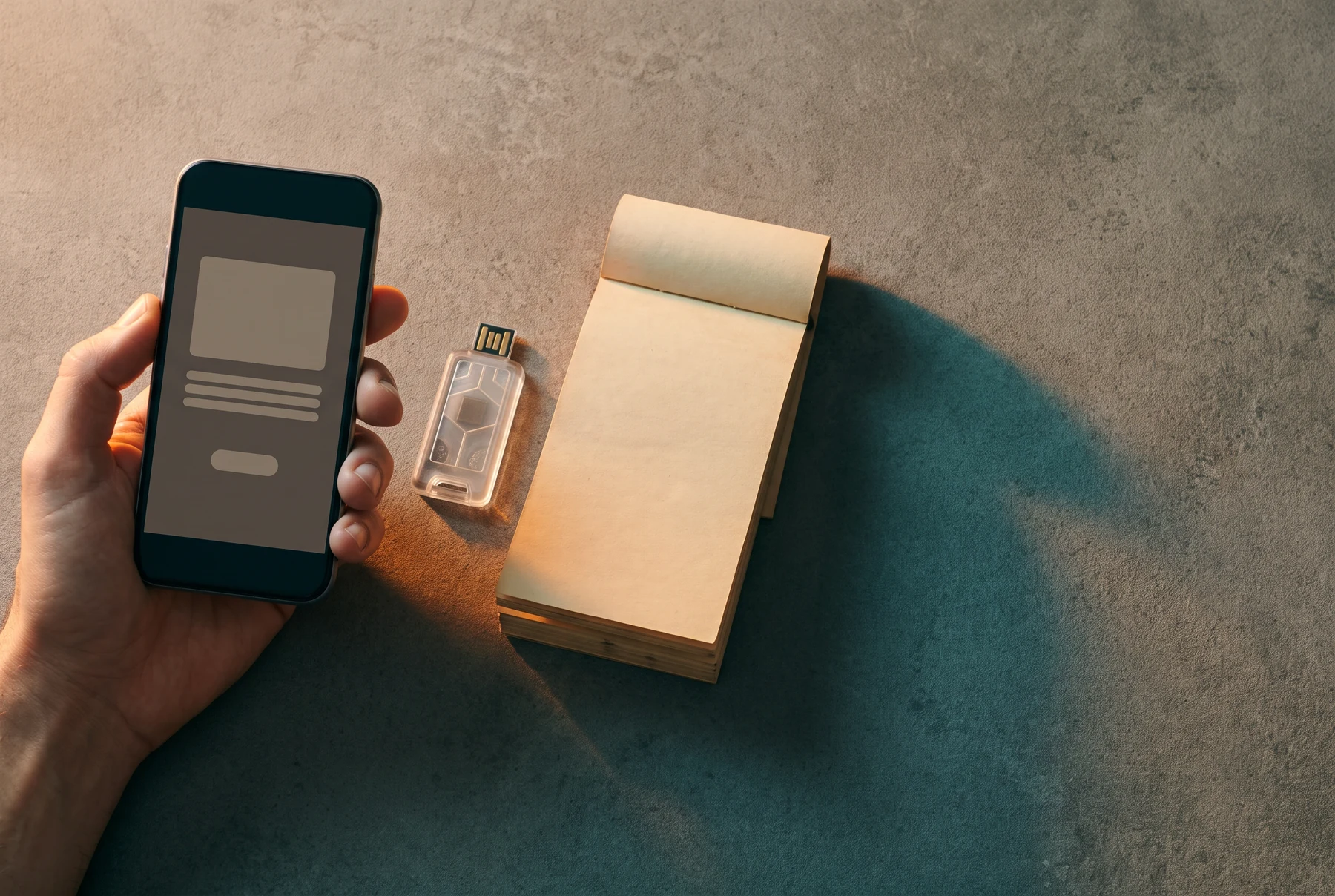 Phone and security objects on a desk