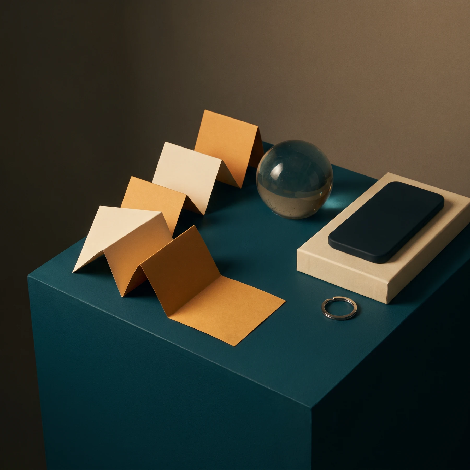 Phone and folded cards on plinth