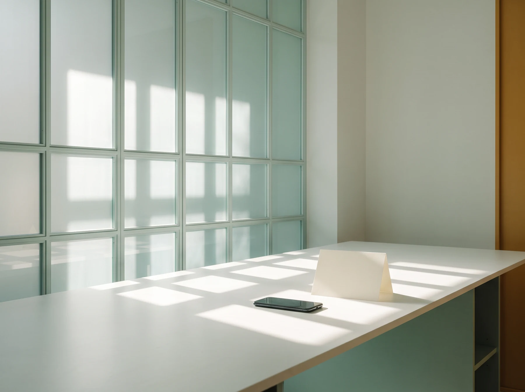 Quiet workspace with phone and folded card