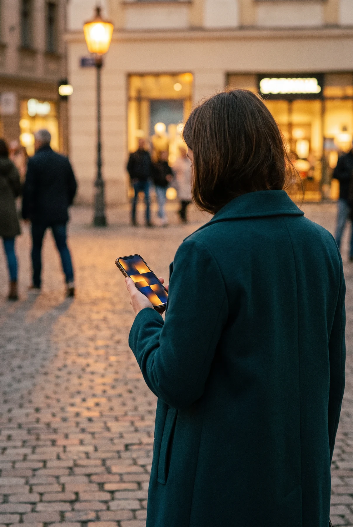 Person using phone in public space