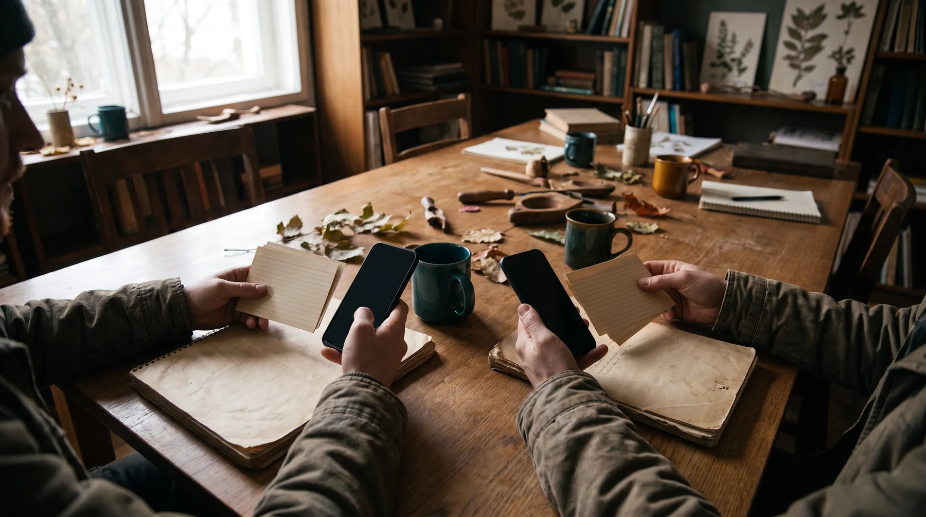 Shared table reviewing phones